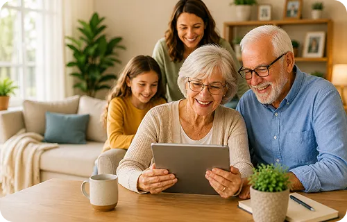 An older couple sitting at a table with a laptop and pad with a woman and child behind them in a living room