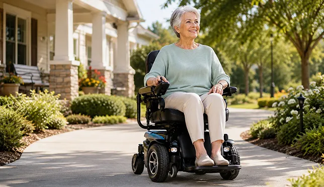 An older woman on a path on a sunnay day in front of a house in a mobility scooter